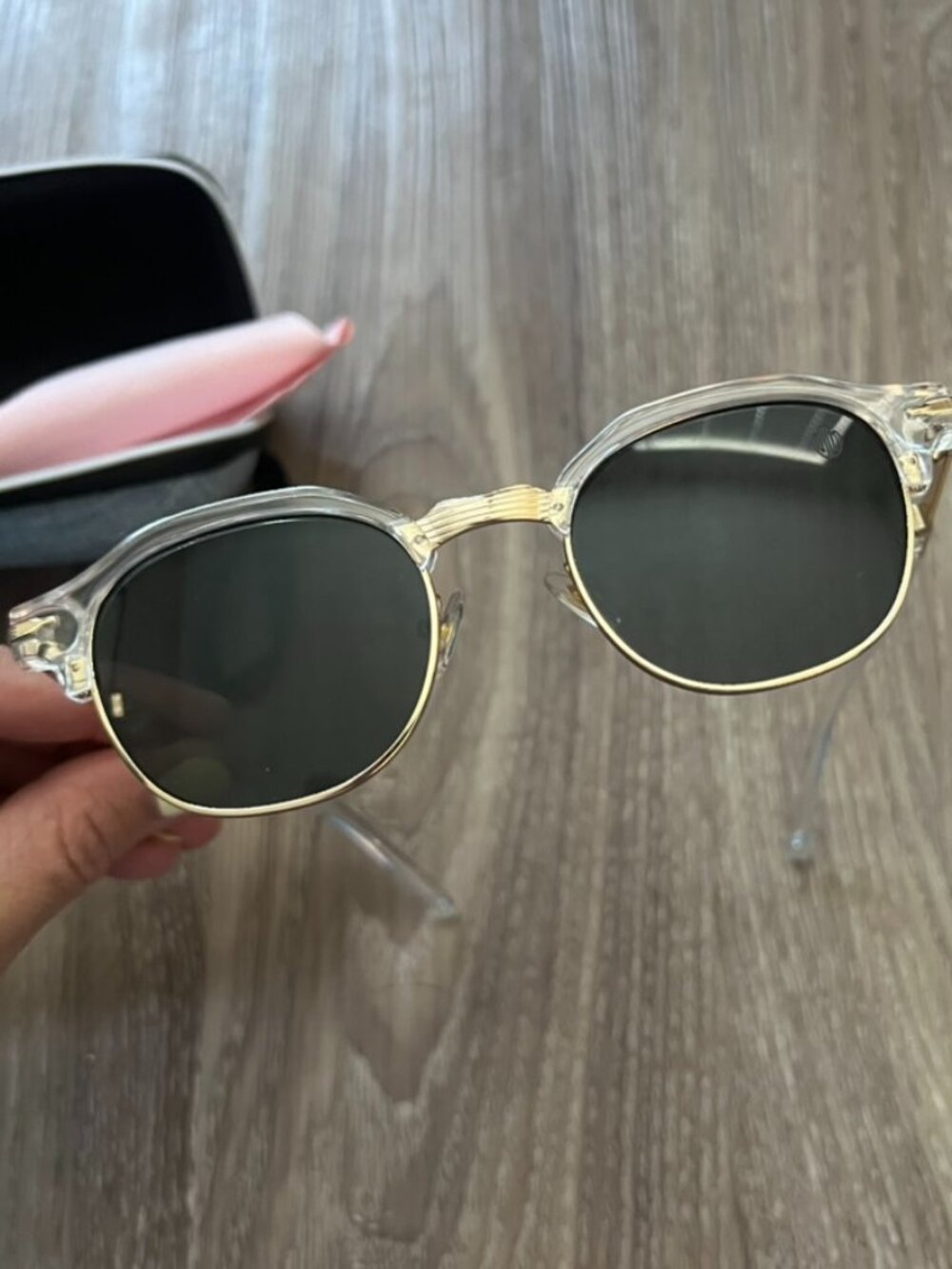 Clear Gold Wire Frame Round Retro Sunglasses with Hard Case & Cloth